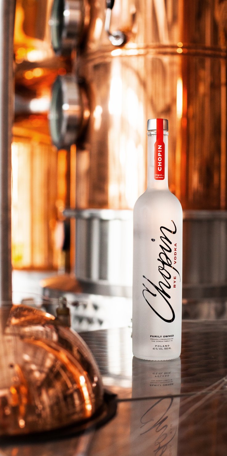 A bottle of Chopin Rye Vodka in the distillery